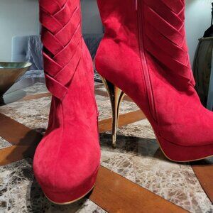 Red Velvet high heel Boots by Alba Size 10 Gold Heels